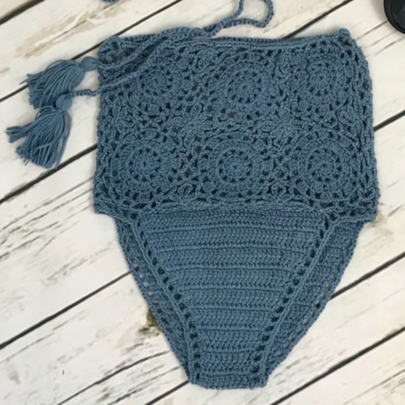 Sexy Blue High Waist Crochet Bikini w/ Corset Top - Picture 8 of 11